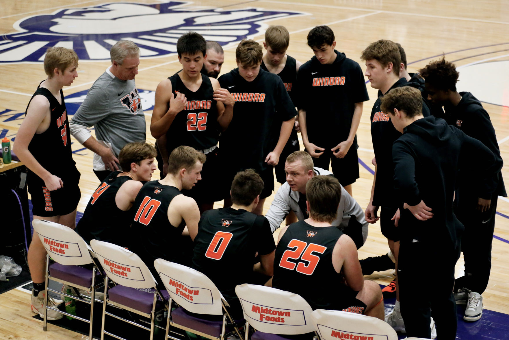 Winona sideline huddle during a timeout